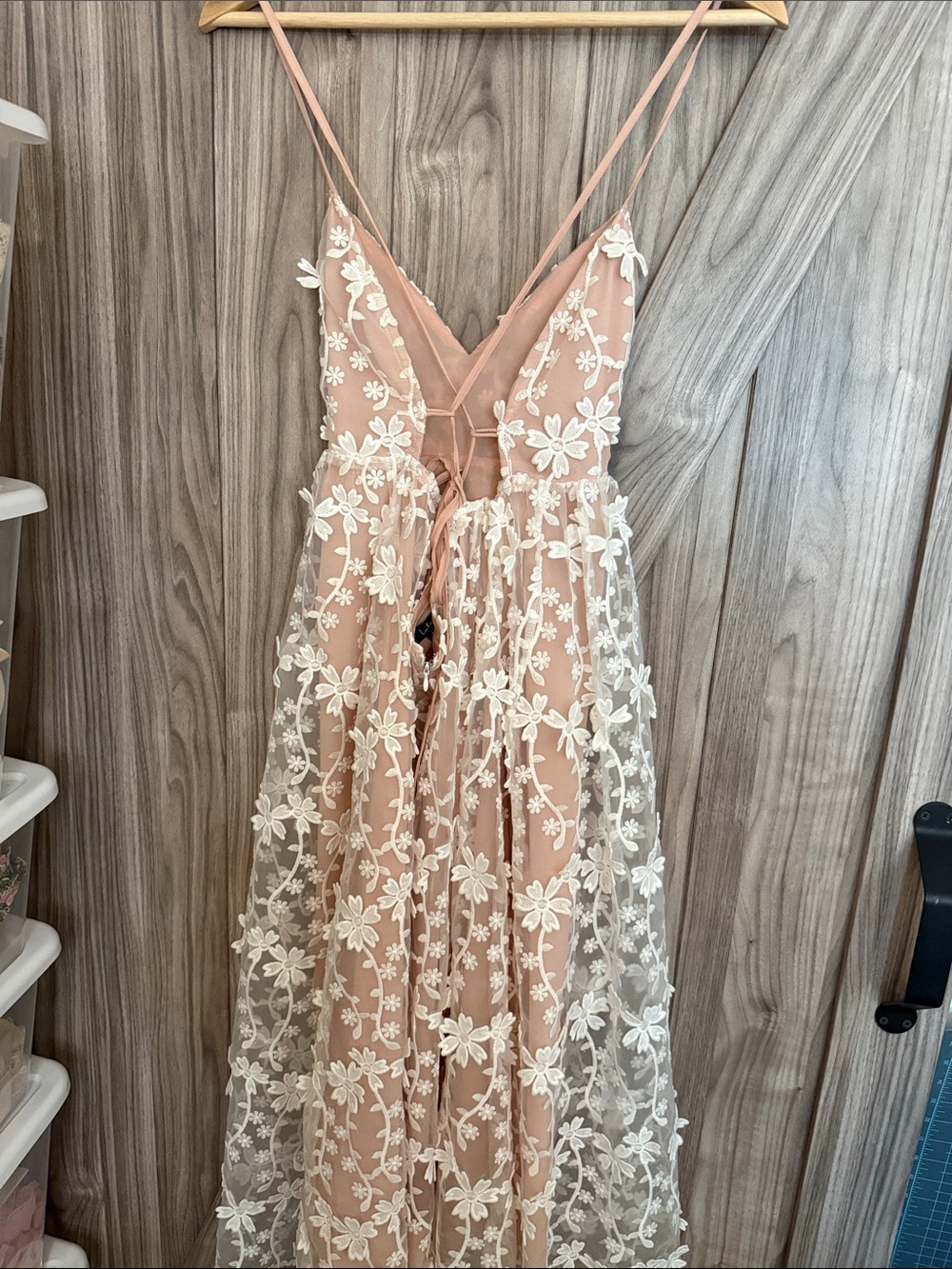 Blush Pink Slip Dress with White Floral Lace Overlay - Picture 2 of 9